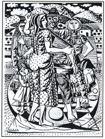 Campesinos cribando, dibujo de Rafael Zabaleta, 1958